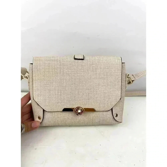 Beige Shoulder Bag Gold Round Handle Crossbody Purse - Handbag Gold Hardware - Picture 6 of 13